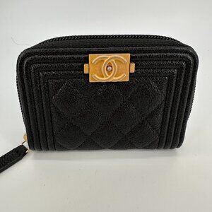 Chanel Caviar Quilted Boy Zip Around Coin Purse Wallet Black